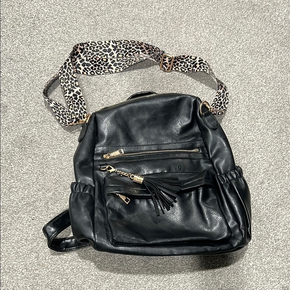 Boutique vegan Leather Backpack with Leopard Strap